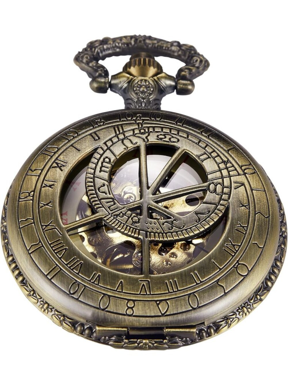 Men's Gold Bronze Retro Skeleton Roman Numerals Hollow Mechanical Pocket Watch